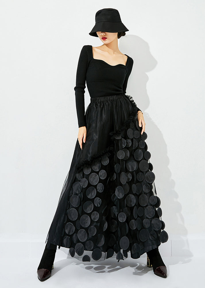 Original Design Yellow-black Dot Elastic Waist Patchwork Wrinkled Tulle Skirt Summer