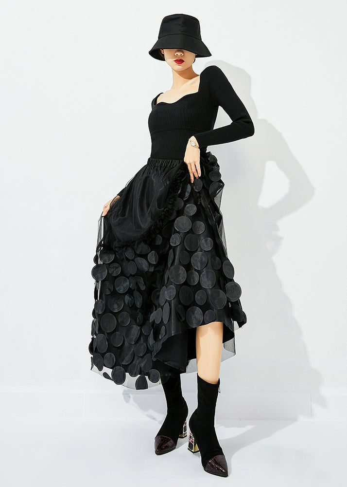 Original Design Green-black Dot Elastic Waist Patchwork Wrinkled Tulle Skirt Summer