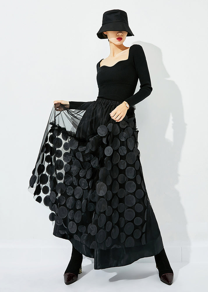 Original Design Yellow-black Dot Elastic Waist Patchwork Wrinkled Tulle Skirt Summer