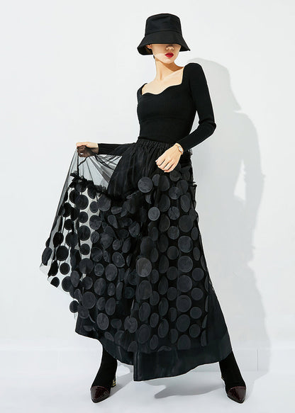 Original Design Yellow-black Dot Elastic Waist Patchwork Wrinkled Tulle Skirt Summer