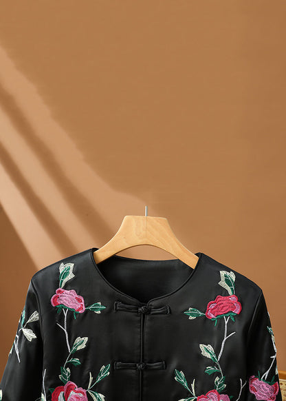 Original Design Black Print Button Silk Coats Fall