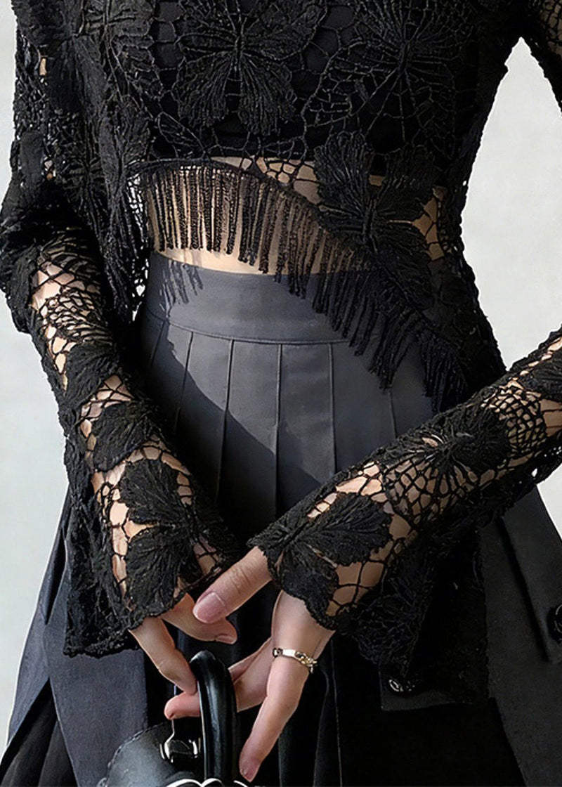Original Design Black Hollow Out Lace T Shirt Spring