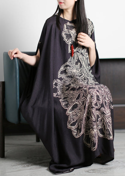 Original Design Black O-neck Print Silk Maxi Dress Batwing Sleeve