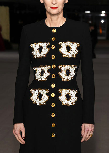 Original Design Black O-neck Sequins Button Long Coat Autumn