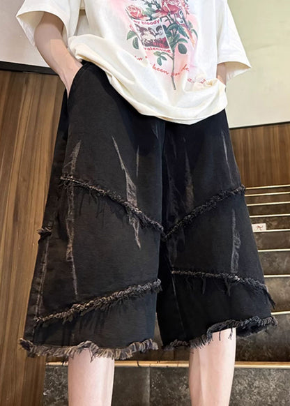 Original Design Black Raw Edge Elastic Waist Shorts Summer