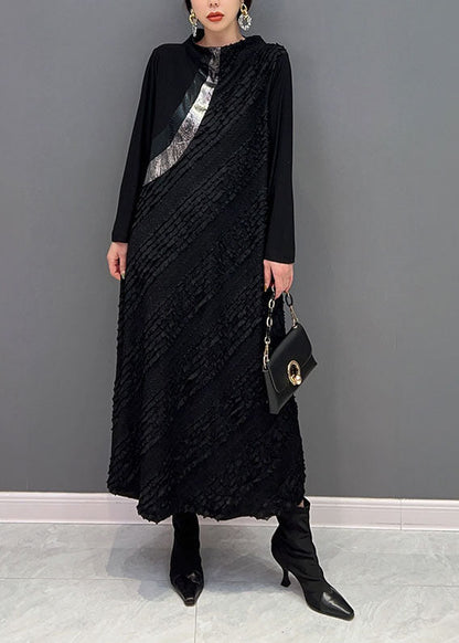 Original Design Black Stand Collar Patchwork Wear on Both Sides Holiday Dress Spring