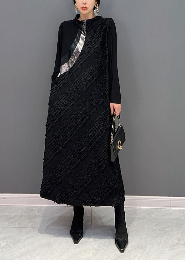 Original Design Black Stand Collar Patchwork Wear on Both Sides Holiday Dress Spring