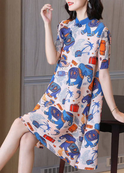Original Design Blue Animal Print Stand Collar Oriental Button Silk a Line Dress Short Sleeve
