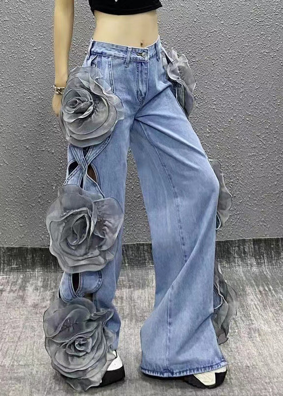 Original Design Blue Hollow Out Denim Wide Leg Pants Spring