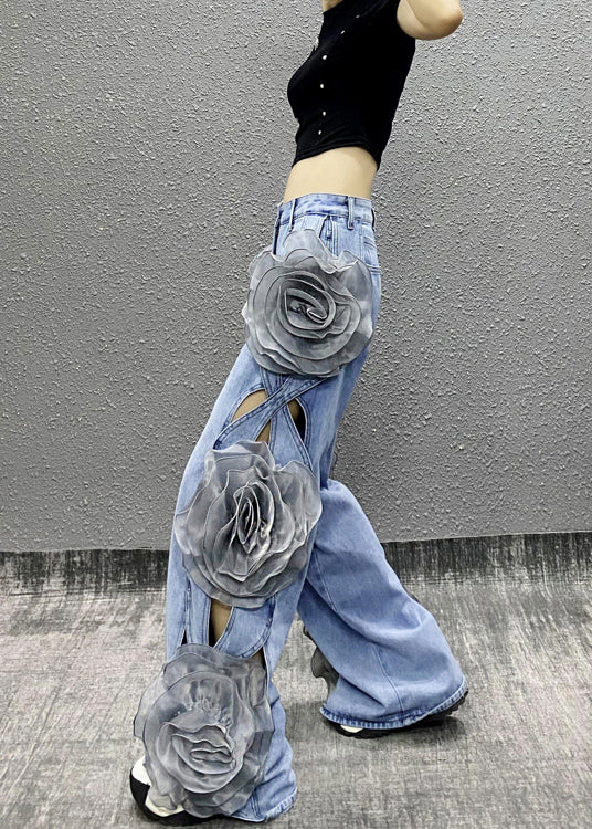 Original Design Blue Hollow Out Denim Wide Leg Pants Spring
