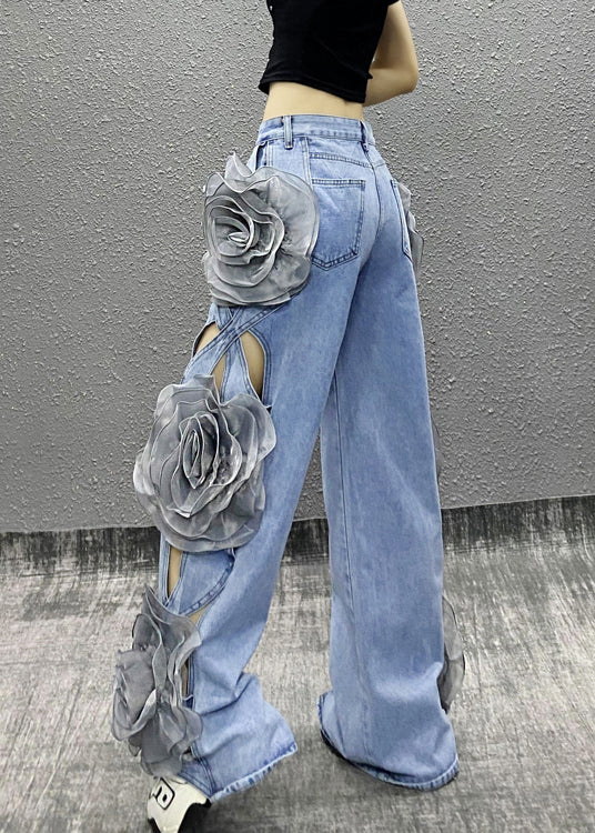 Original Design Blue Hollow Out Denim Wide Leg Pants Spring