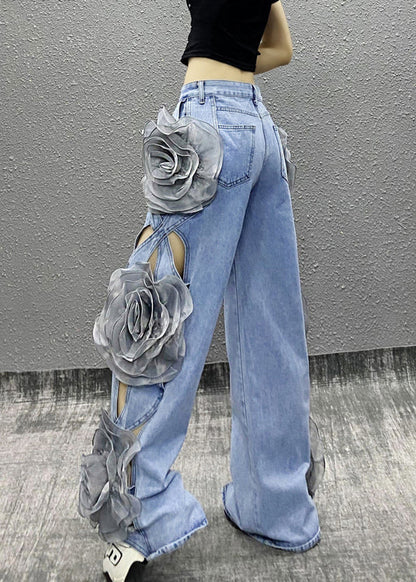 Original Design Blue Hollow Out Denim Wide Leg Pants Spring