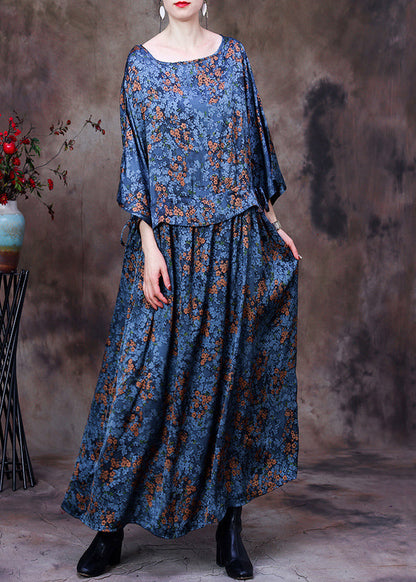 Original Design Blue O-neck Drawstring Print Silk Loose Dresses Bracelet Sleeve