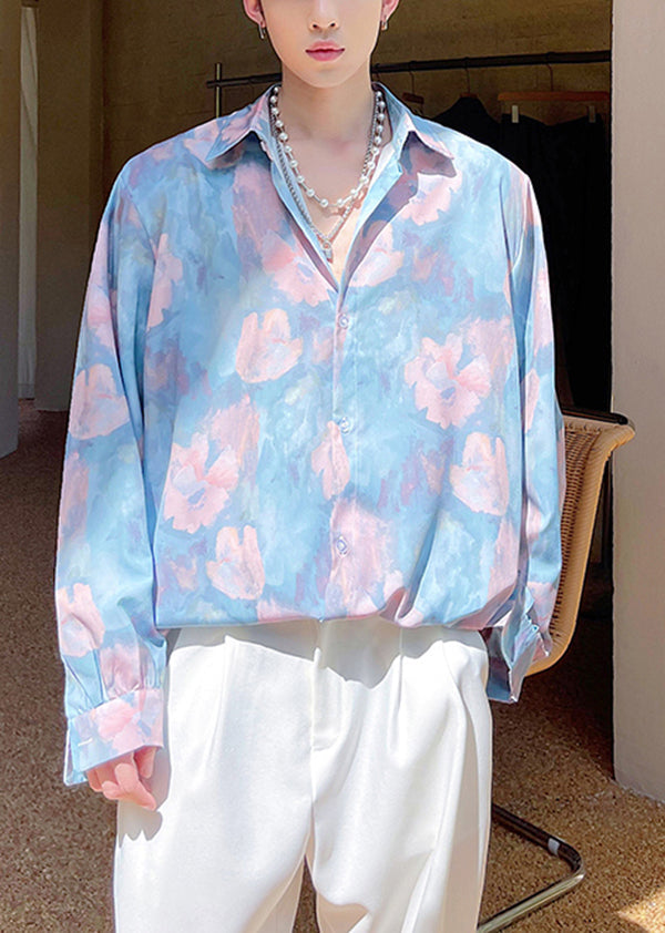 Original Design Blue Print Hawaiian Shirts Long Sleeves