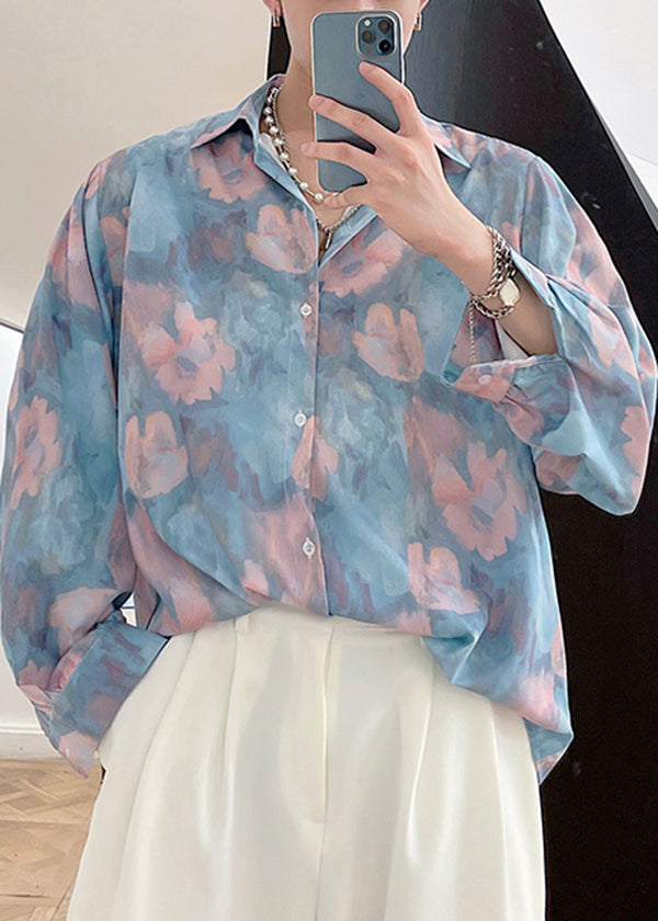 Original Design Blue Print Hawaiian Shirts Long Sleeves