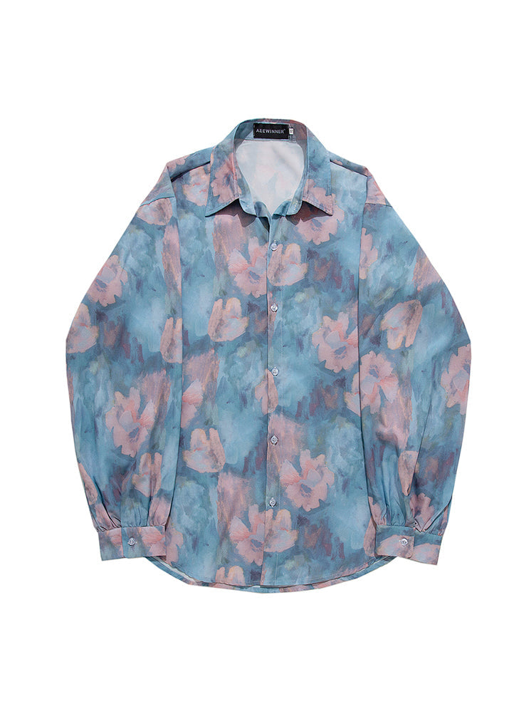 Original Design Blue Print Hawaiian Shirts Long Sleeves