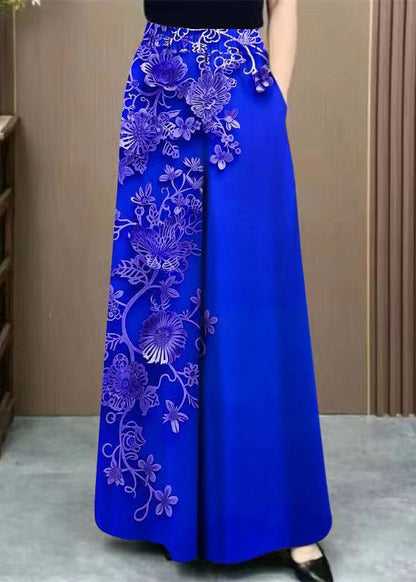 Original Design Blue Print Pockets High Waist Cotton Pants Summer