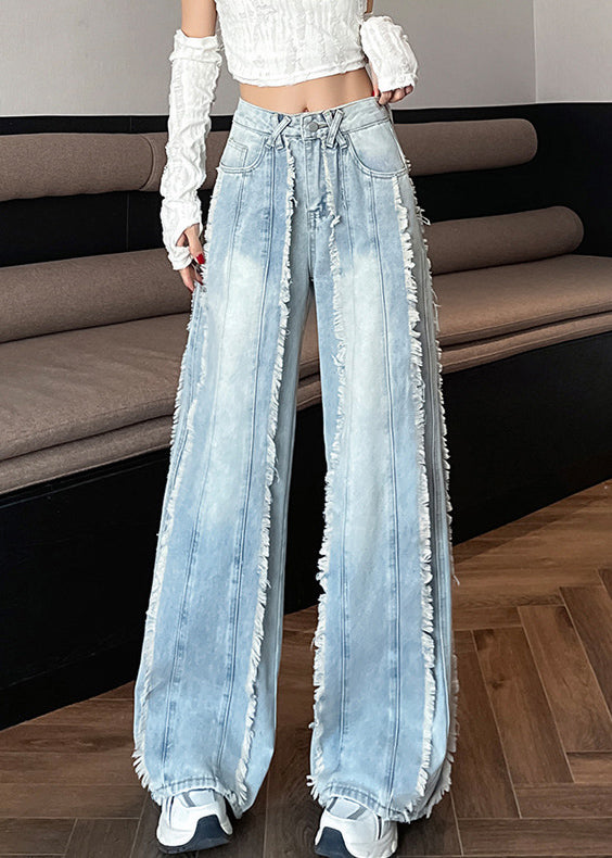 Original Design Blue Raw Edge Pockets High Waist Denim Pants Spring