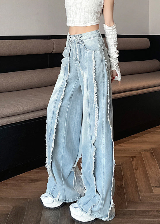 Original Design Blue Raw Edge Pockets High Waist Denim Pants Spring