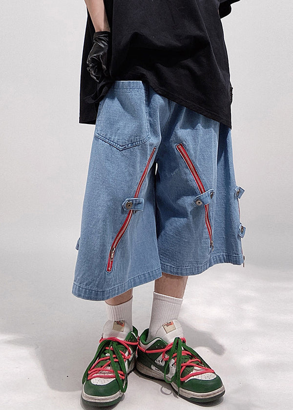Original Design Blue Zippered Pockets Oversized Denim Shorts Summer