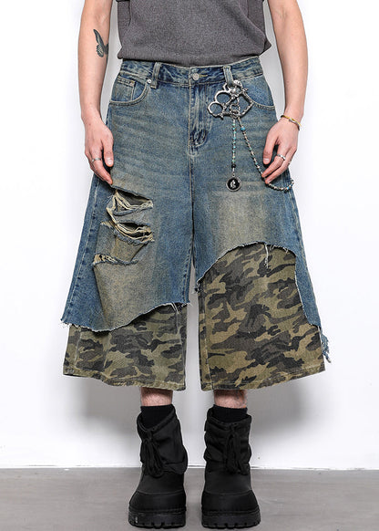 Original Design Camouflage Hole Patchwork Denim Crop Pants Summer