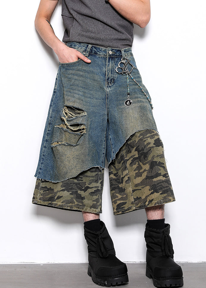 Original Design Camouflage Hole Patchwork Denim Crop Pants Summer
