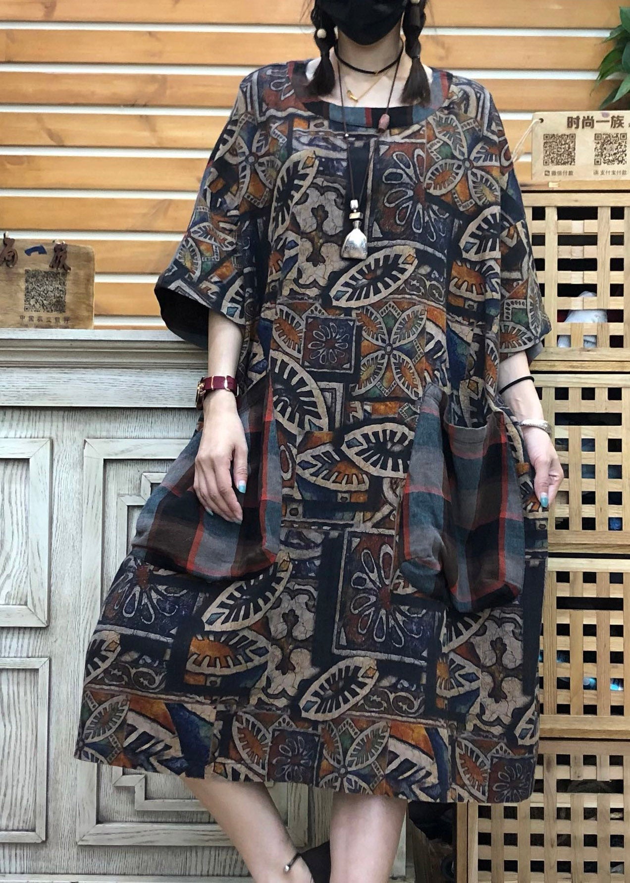 Original Design Chocolate O-neck Print Patchwork Pockets Linen Dress Half Sleeve