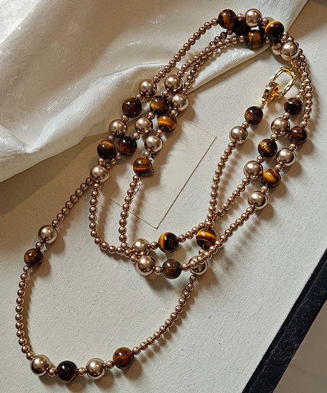 Original Design Coffee Tiger's Eye Stone Ball Double Tier Copper Long Necklace