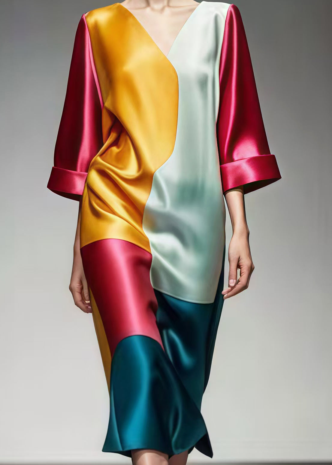 Original Design Colorblock Asymmetrical Patchwork Silm Fit Silk Dresses Summer