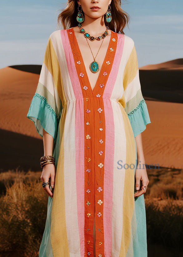 Original Design Colorblock V Neck Cotton Dresses Summer