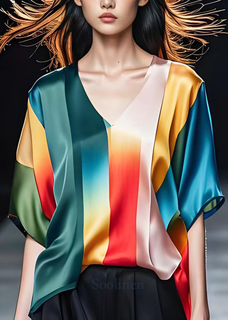 Original Design Colorblock V Neck Silk Top Summer