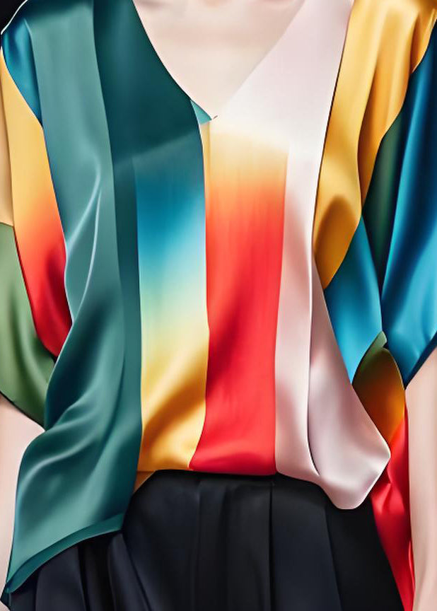 Original Design Colorblock V Neck Silk Top Summer