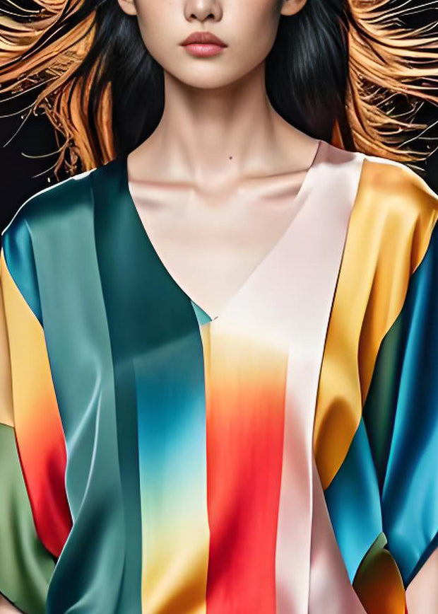 Original Design Colorblock V Neck Silk Top Summer