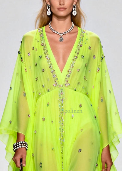 Original Design Fluorescent Green Rhinestone Exra Large Hem Chiffon Party Dresses Summer
