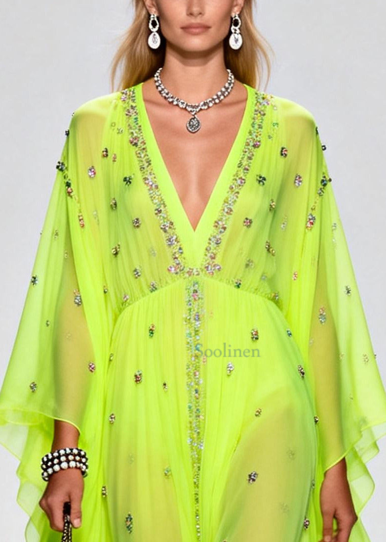 Original Design Fluorescent Green Rhinestone Exra Large Hem Chiffon Party Dresses Summer