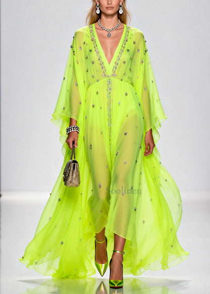 Original Design Fluorescent Green Rhinestone Exra Large Hem Chiffon Party Dresses Summer