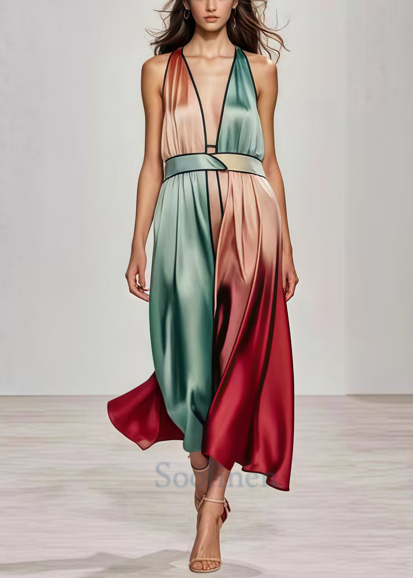 Original Design Gradient Color Deep-v Neck Patchwork Silk Halter Dresses Summer