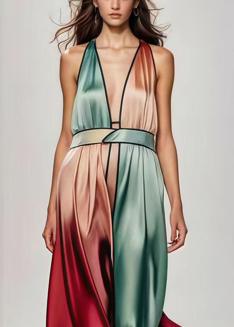 Original Design Gradient Color Deep-v Neck Patchwork Silk Halter Dresses Summer