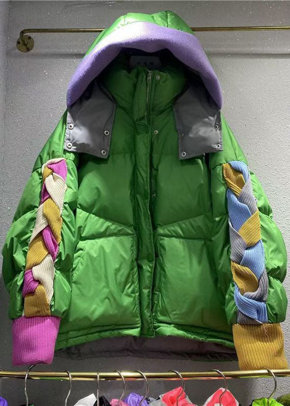 Original Design Green Hooded Patchwork Cotton Blend Down Coat Winter