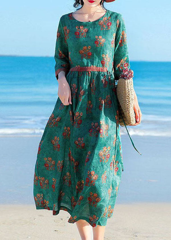 Original Design Green O-neck Print Tie Waist Cotton Linen Holiday Dresses Half Sleeve