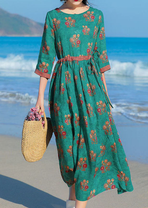 Original Design Green O-neck Print Tie Waist Cotton Linen Holiday Dresses Half Sleeve