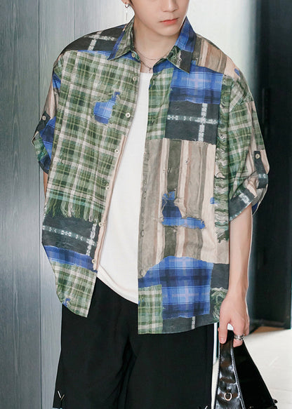 Original Design Green Plaid Button Cotton Shirts Half Sleeve