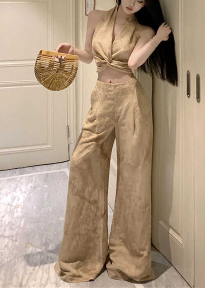 Original Design Halter Print Wrinkled Vest and Wide Leg Pants Two Pieces Set Sleeveless