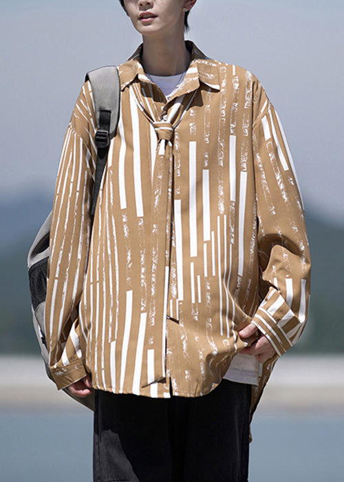 Original Design Khaki Peter Pan Collar Striped Cotton Shirts Spring