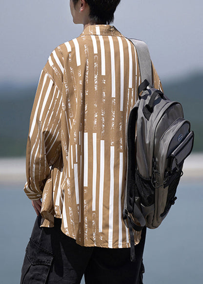 Original Design Khaki Peter Pan Collar Striped Cotton Men Shirts Spring