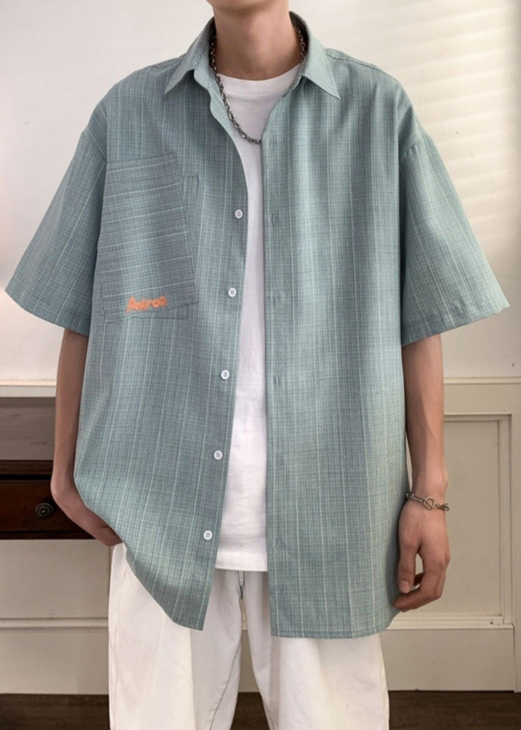 Original Design Light Green Plaid Button Cotton Shirts Summer