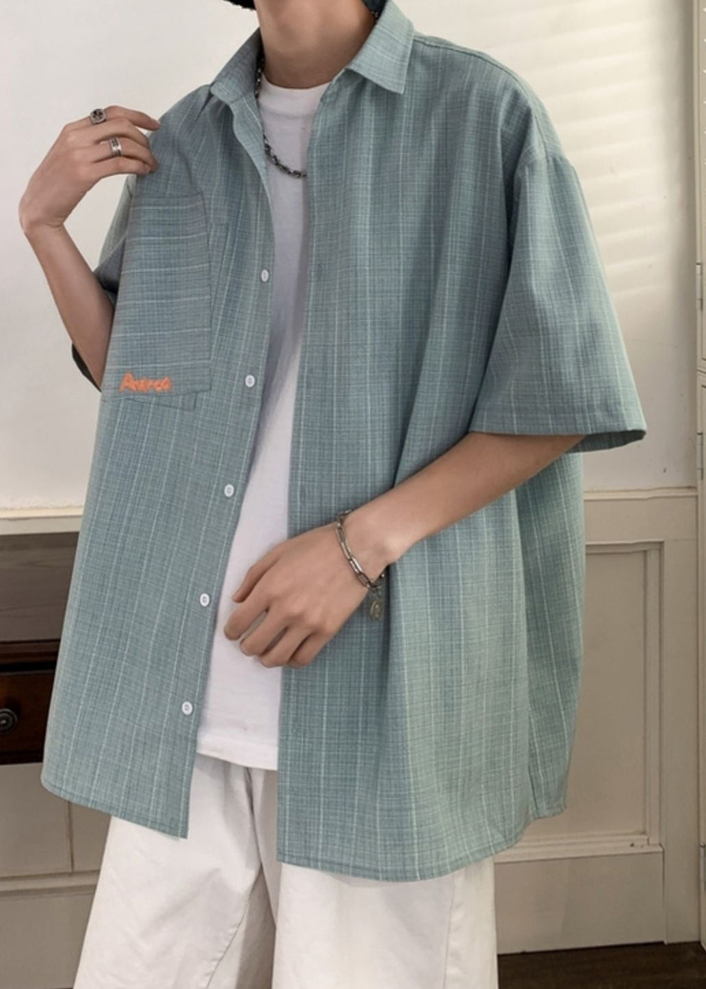 Original Design Light Green Plaid Button Cotton Shirts Summer