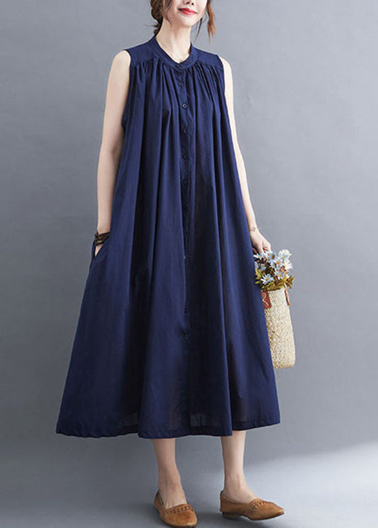 Original Design Navy O-neck Button Cotton Maxi Dress Sleeveless