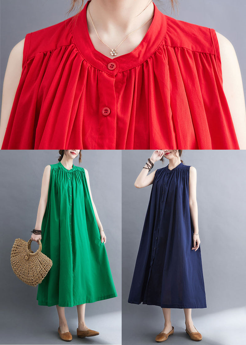 Original Design Navy O-neck Button Cotton Maxi Dress Sleeveless