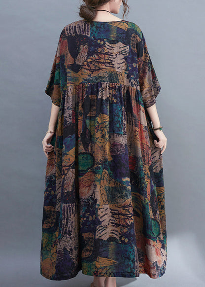 Original Design O-neck Wrinkled Print Loose Long Dress Short Sleeve